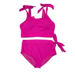Yonique Hot Pink Two Piece Swimsuit Tie Strap High Waist Bikini Set (XL)